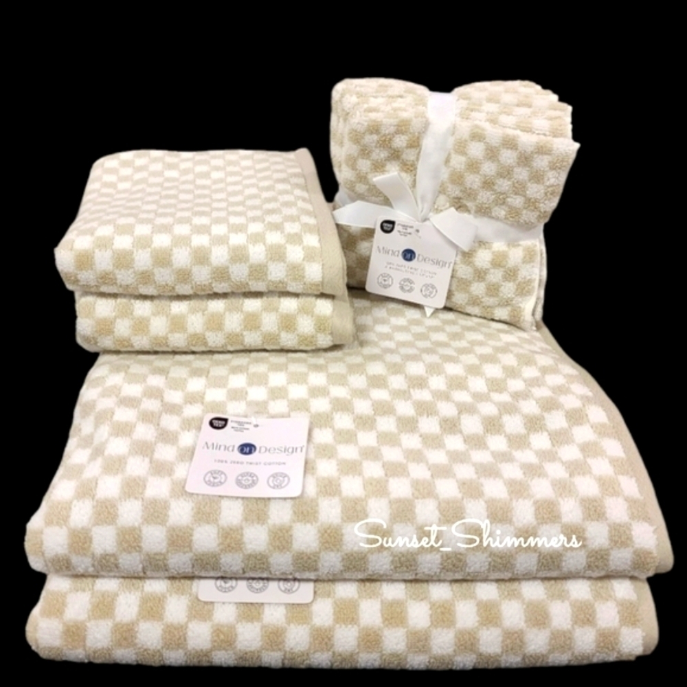 8pc Mind on Design Tan White Check Zero Twist Bath Hand Washcloth Towel Set NEW